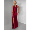 Bordové saténové dlhé spoločenské šaty CELESTIA s vlečkou