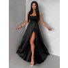 Čierne dlhé saténové spoločenské šaty HELSIN na ramienka