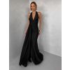 Černé saténové společenské dlouhé šaty CELESTIA s vlečkou (Veľkosť ONESIZE)