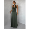 Kaki saténové dlhé šaty FANDARI s výstrihom