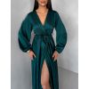 Tmavě petrolejové dlouhé saténové šaty WOMAN s páskem (Veľkosť ONESIZE)