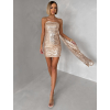 Zlaté flitrované mini koktailové šaty SOLIQUE s vlečkou