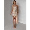Zlaté flitrované mini koktailové šaty SOLIQUE s vlečkou