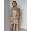 Zlaté flitrované mini koktailové šaty SOLIQUE s vlečkou
